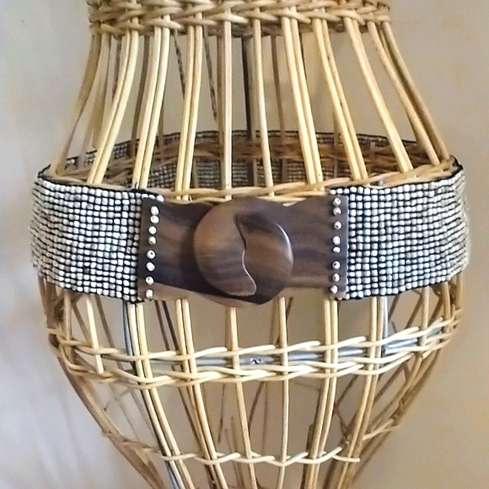 Elegant Brown & Beige Beaded Full Stretch Wood Closure Belt